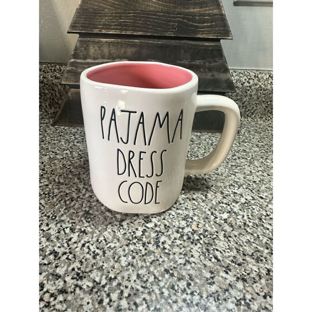 Rae Dunn PAJAMA DRESS CODE Mug Ceramic White Pink inside